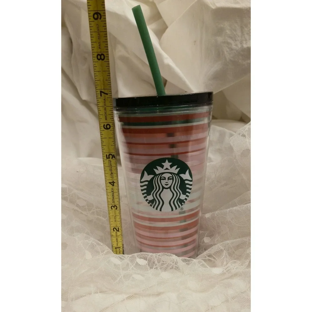 2022 Starbucks Valentine's Day green pink striped 16 Oz tumbler, cold cup EUC